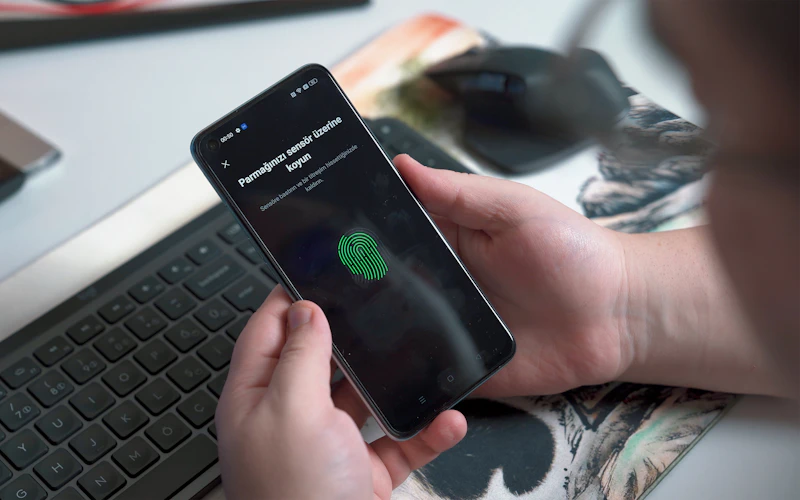 A person confirming a sign-in with a fingerprint on a phone