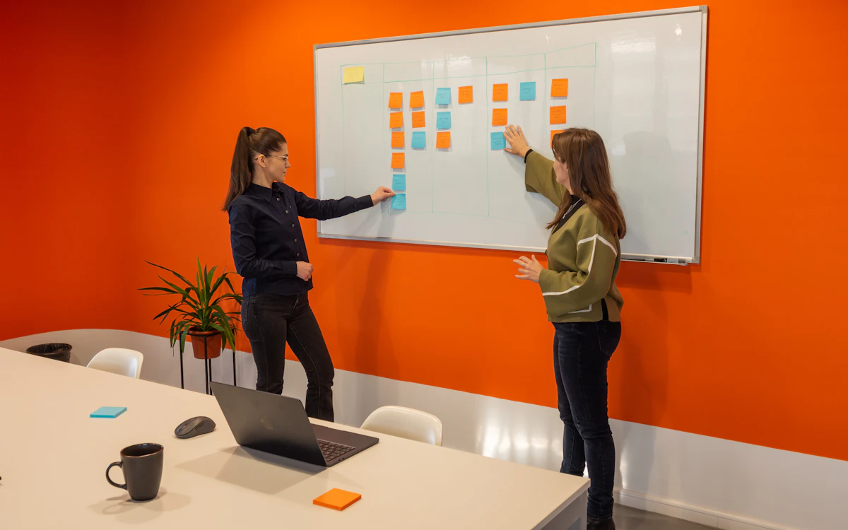 Two people mapping priorities on a whiteboard